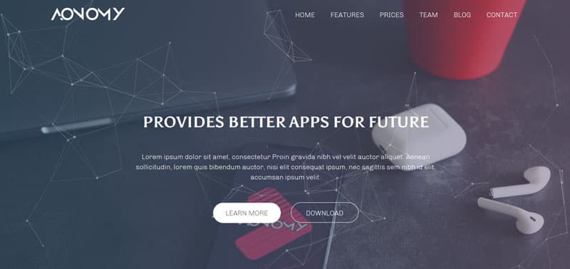 The Aonomy landing page template, an app landing page in eight background treatments.