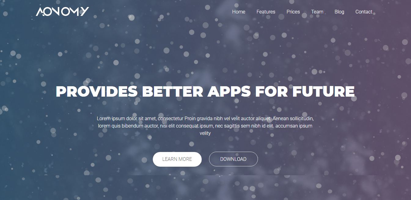 The snow header, flakes falling behind the hero content.