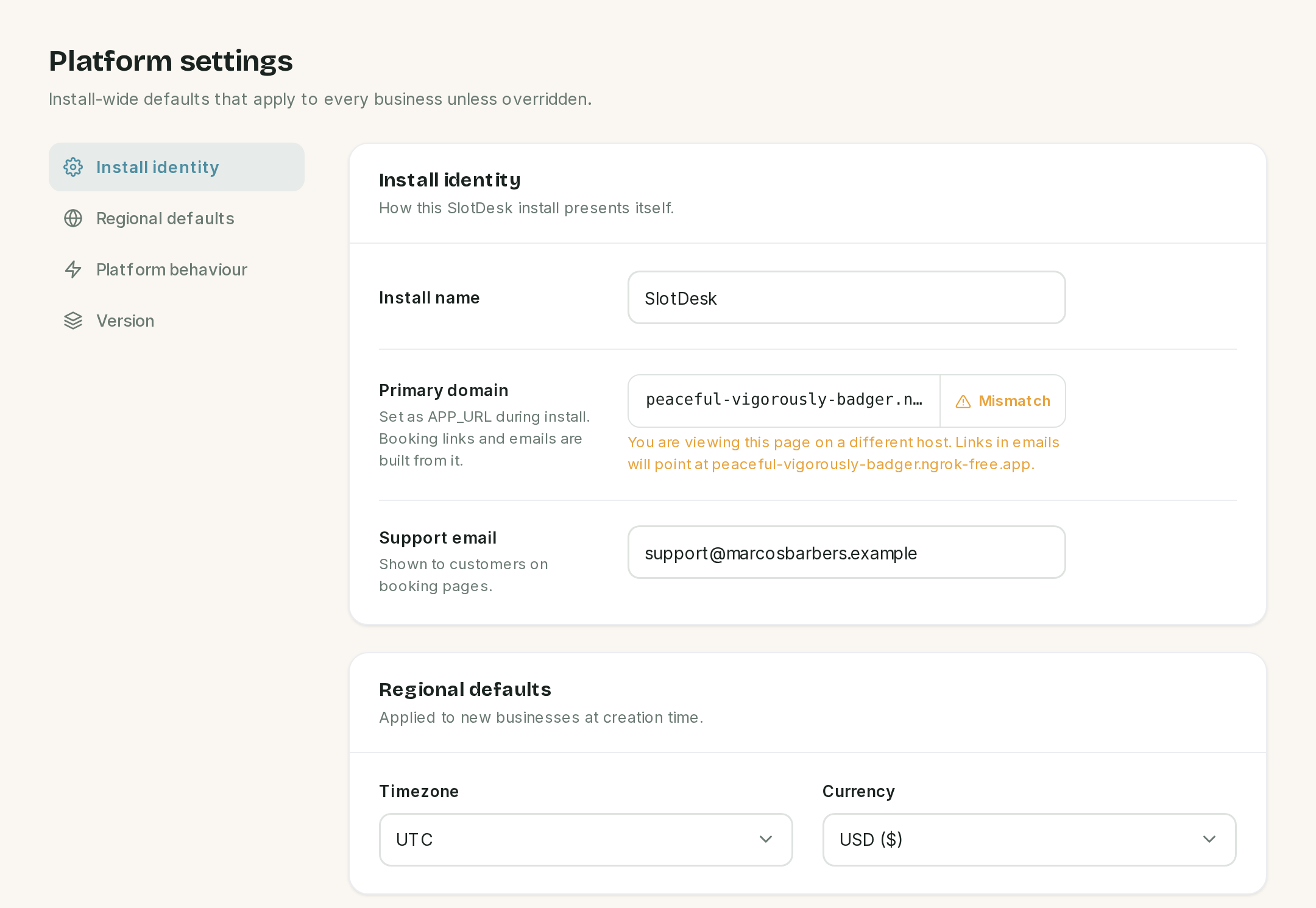 Platform settings: install identity, the primary domain check and the regional defaults.