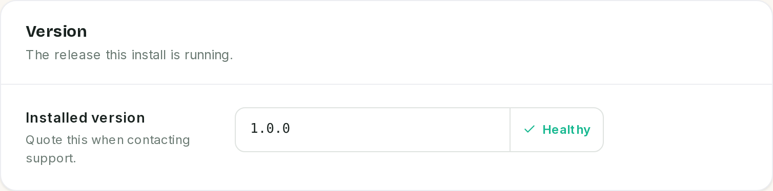 The version card in Platform settings, reading 1.0.0 and Healthy.