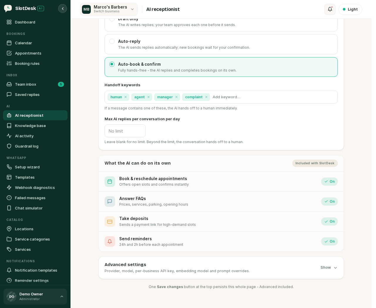 Reply mode, handoff keywords and the daily cap, under Autonomy and handoff.
