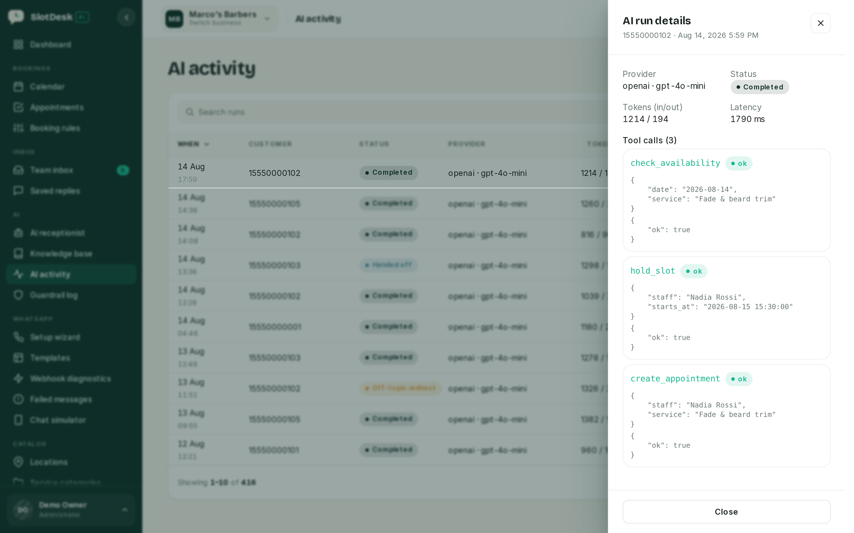 A run's details: provider, status, tokens, latency, and each tool call with its arguments.