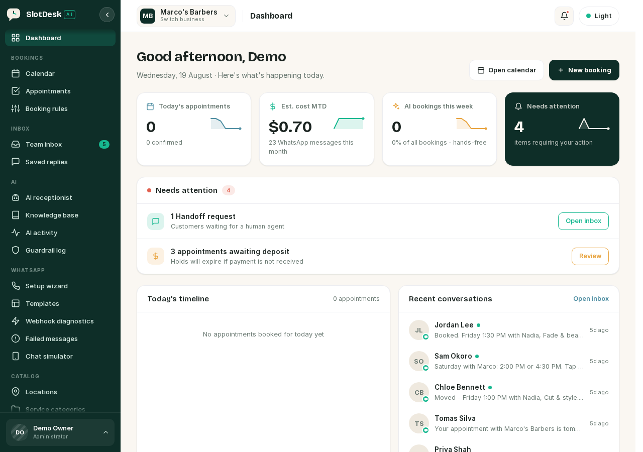A business dashboard, with the business switcher at the top left.