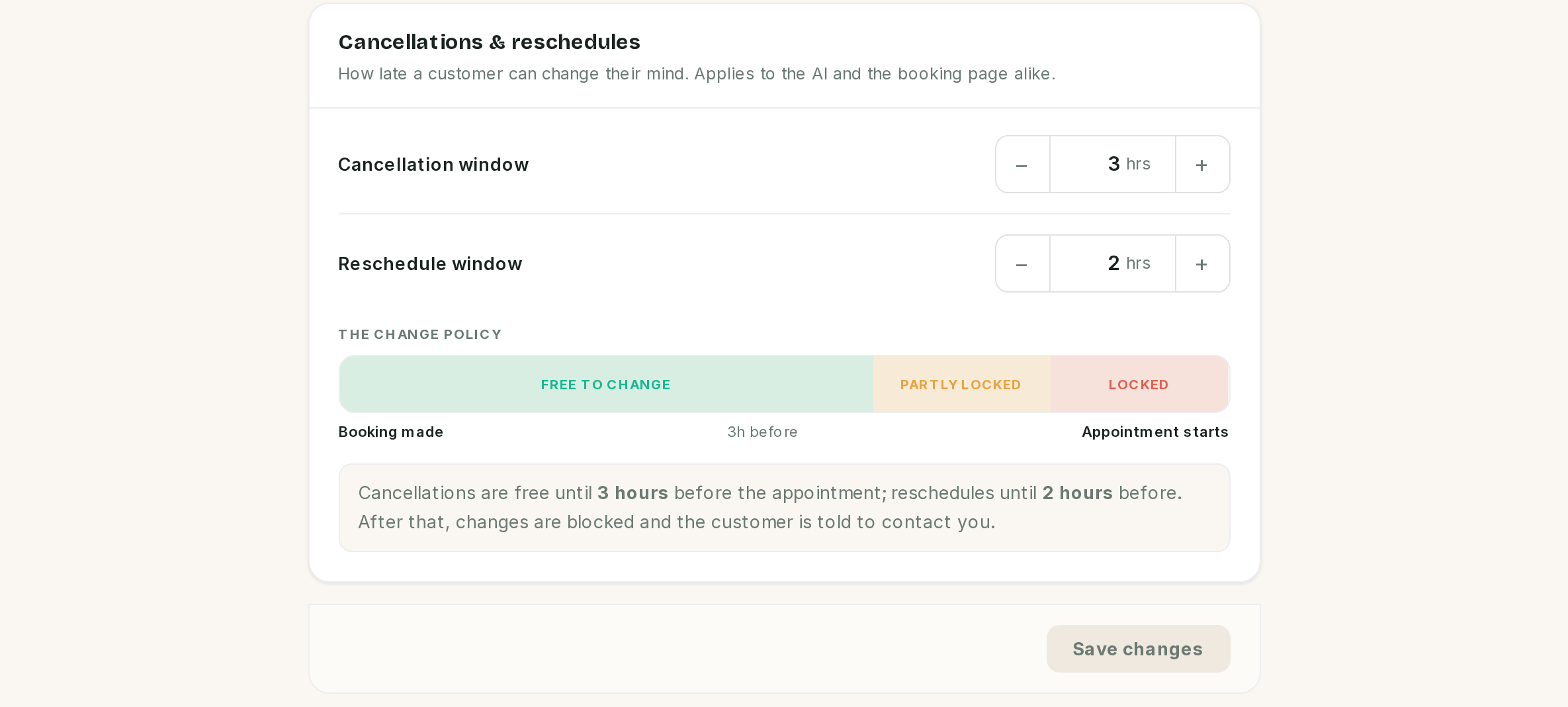 The change policy: a cancellation window, a reschedule window and the sentence they produce.