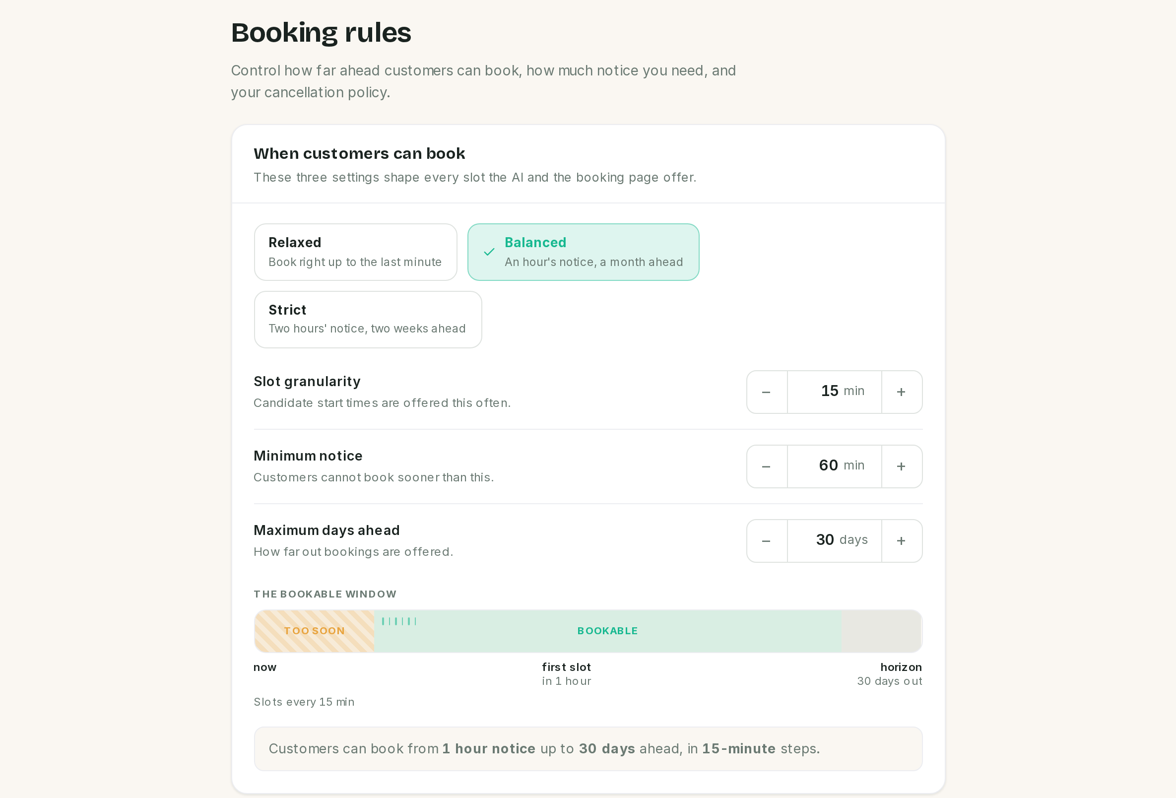 The booking window: three presets, three steppers and a live summary.