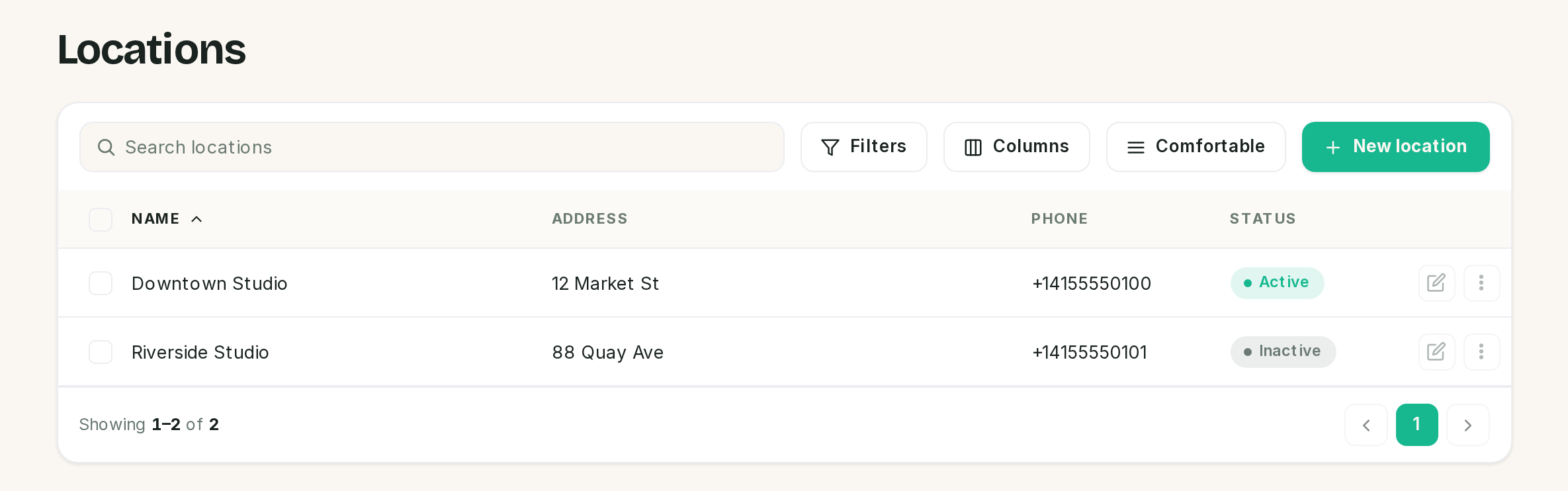 The locations list, showing an active and an inactive branch.