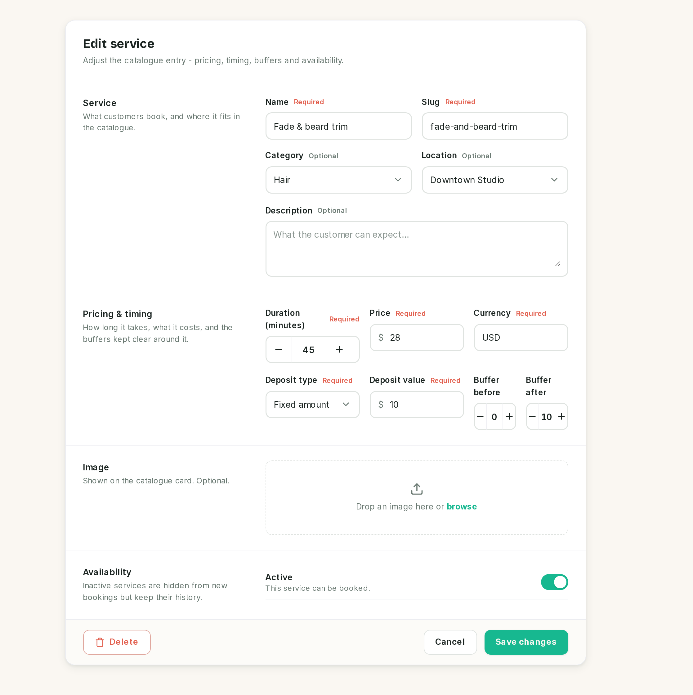 The service form: Service, Pricing and timing, Image, Availability.