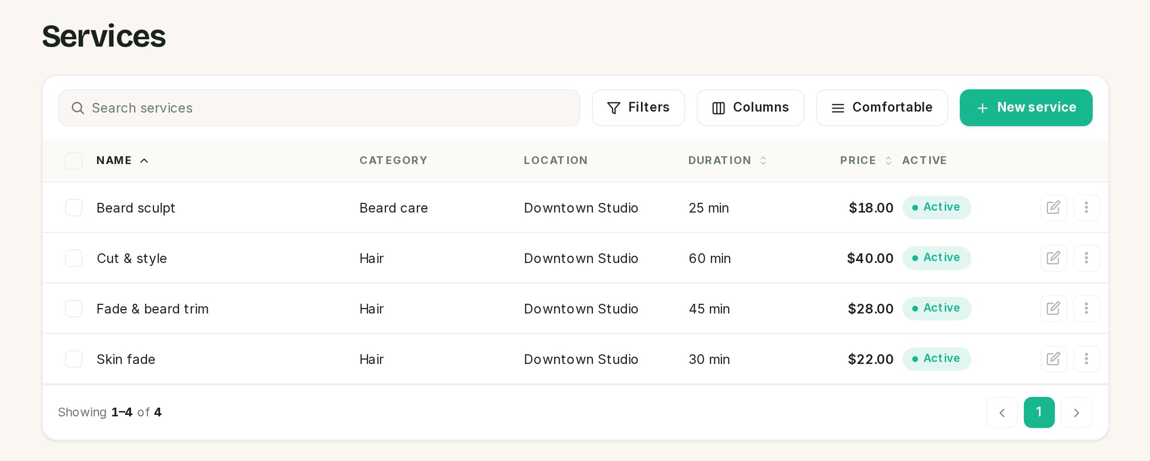 The services list, showing name, category, location, duration, price and status.