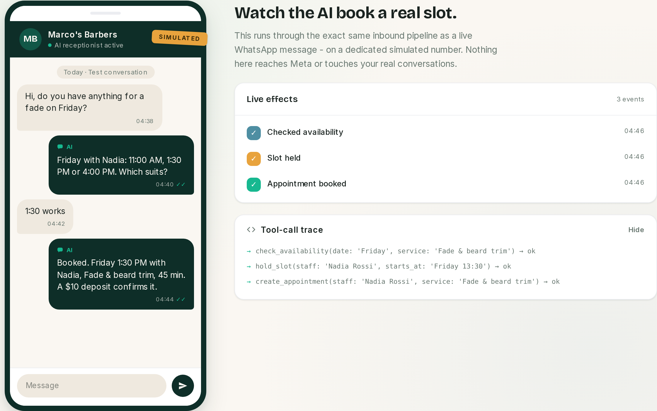 The simulator: a phone on the left, the effects feed and tool-call trace on the right.