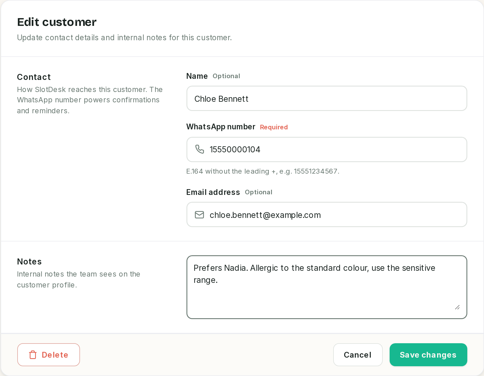 The customer record: name, WhatsApp number, email address and internal notes.