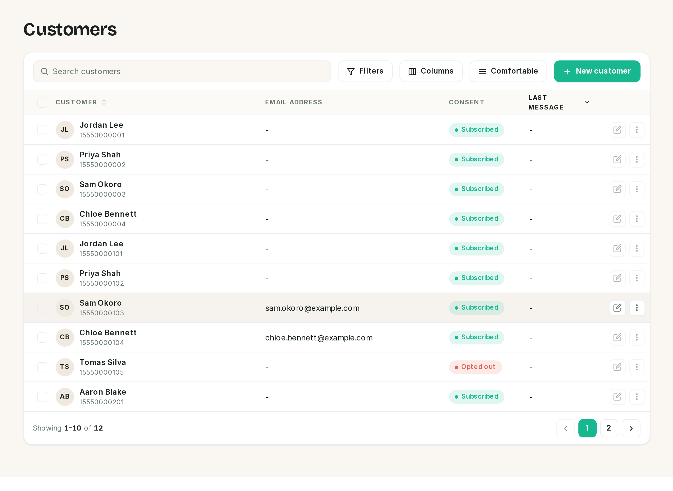 The customers list: name and number, email, consent and the last message column.