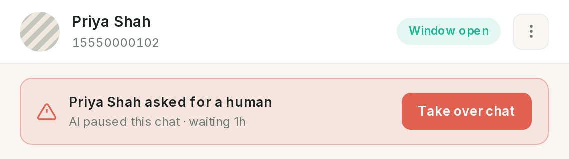 The handoff banner, with how long the customer has been waiting and a Take over chat button.
