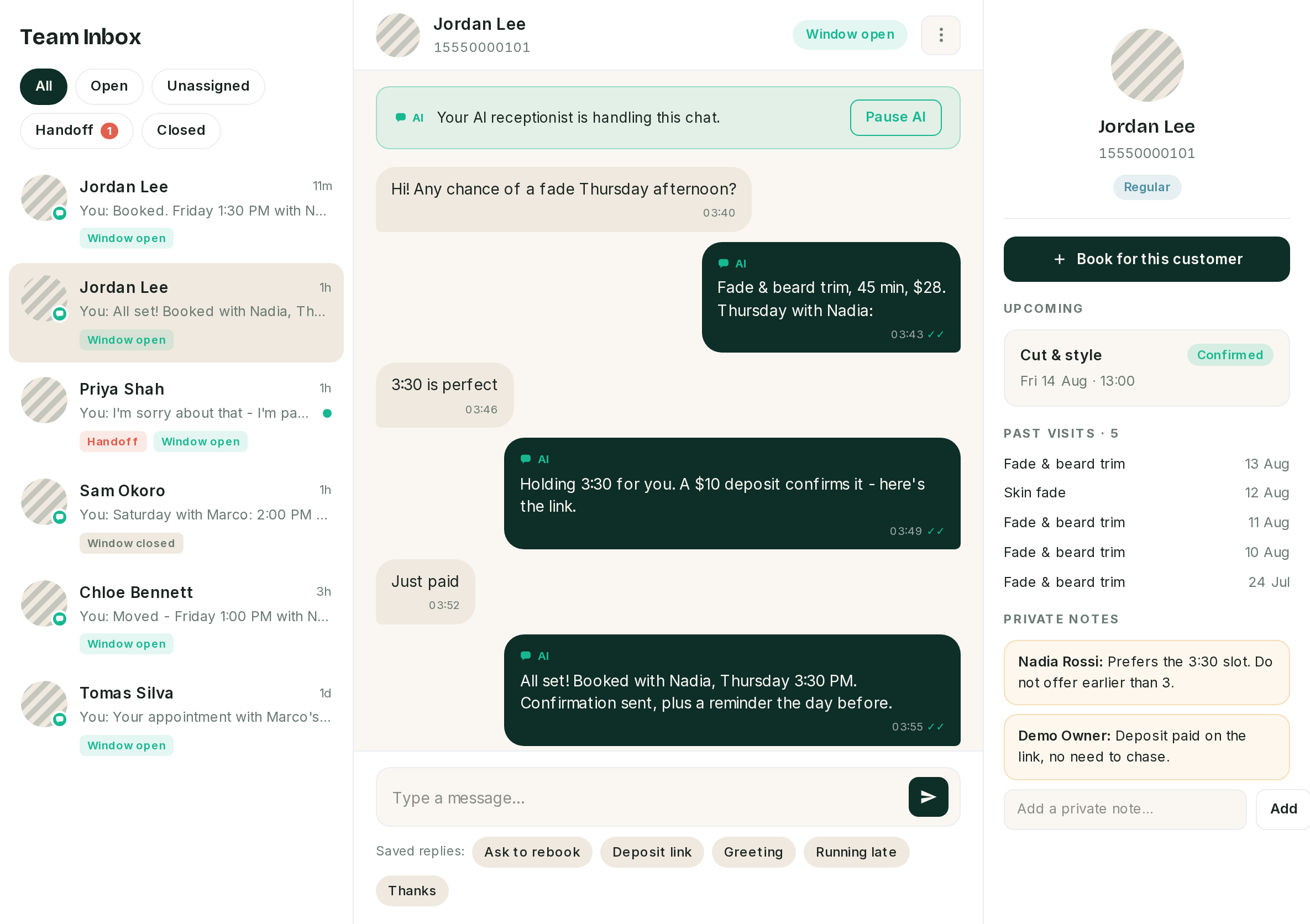 The three columns: conversation list, thread with the AI banner, and the customer rail.