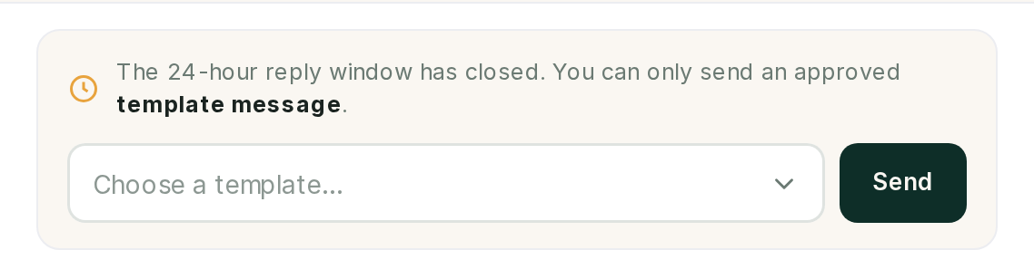 The composer with the window closed: an approved template is the only thing that can be sent.