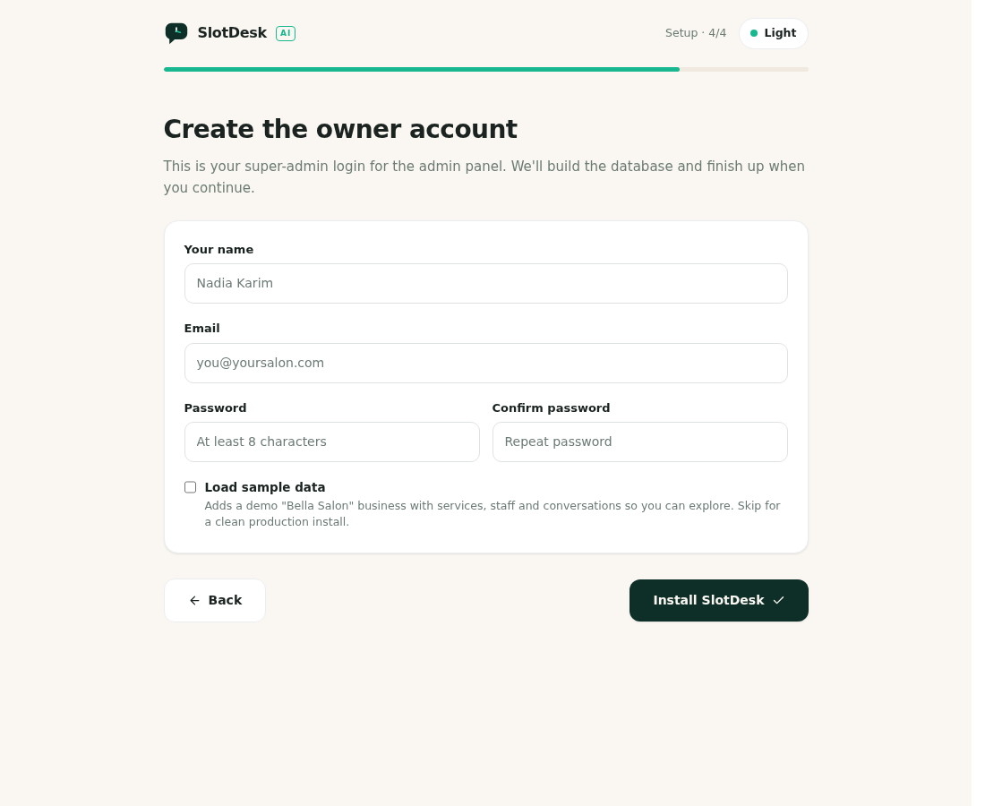The owner account step, with the sample-data option.