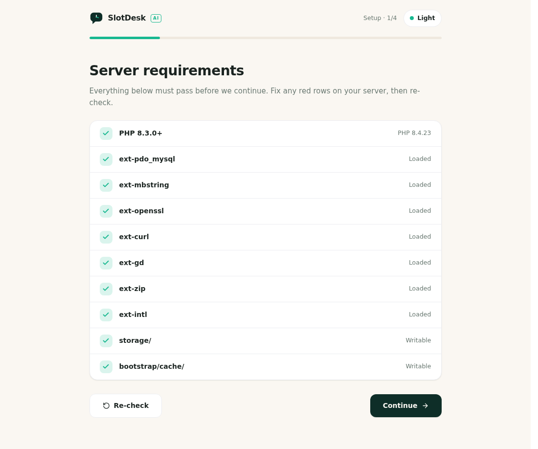 The installer's requirements screen, with every row passing.