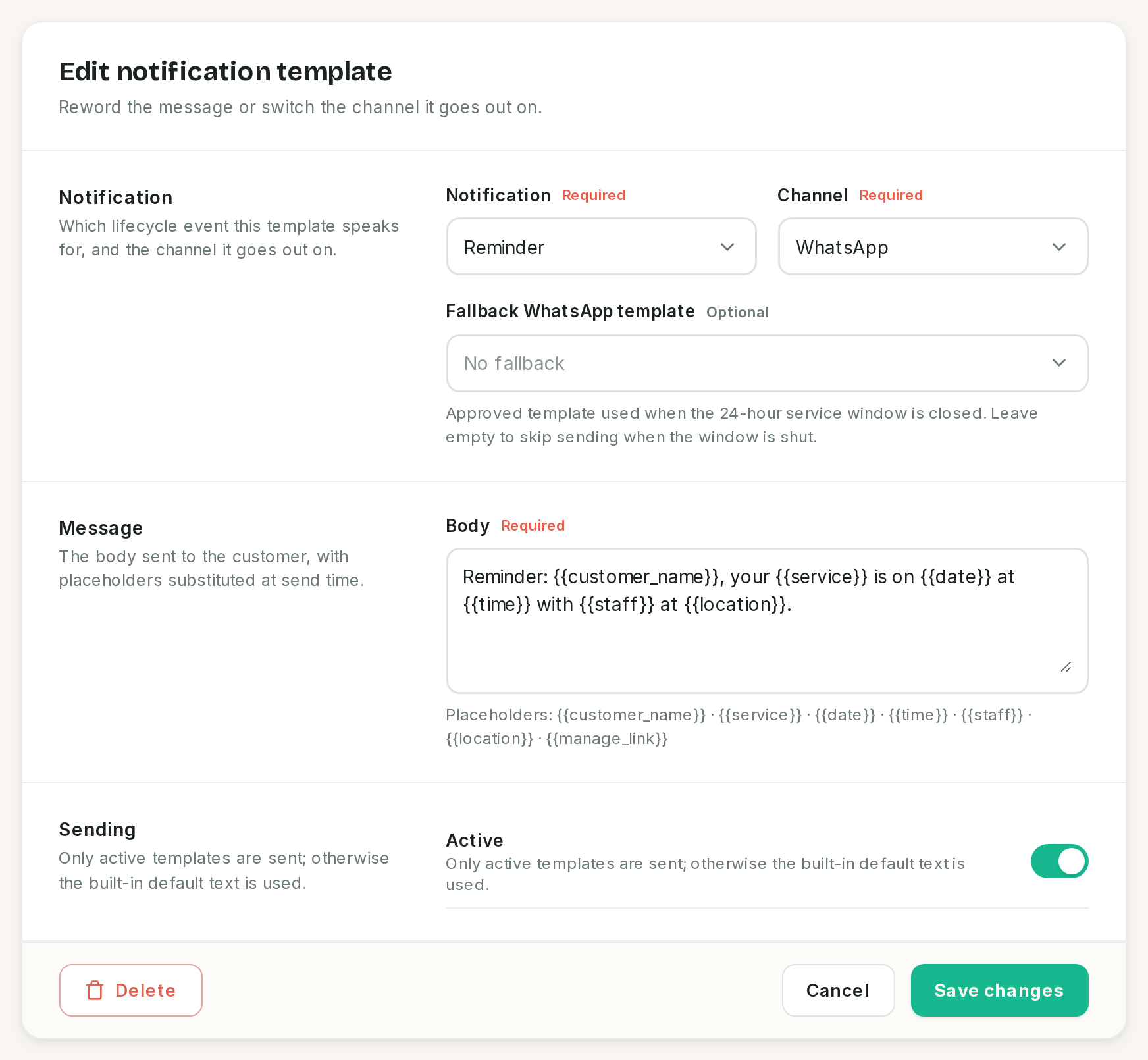 The reminder template, with Fallback WhatsApp template set to "No fallback".
