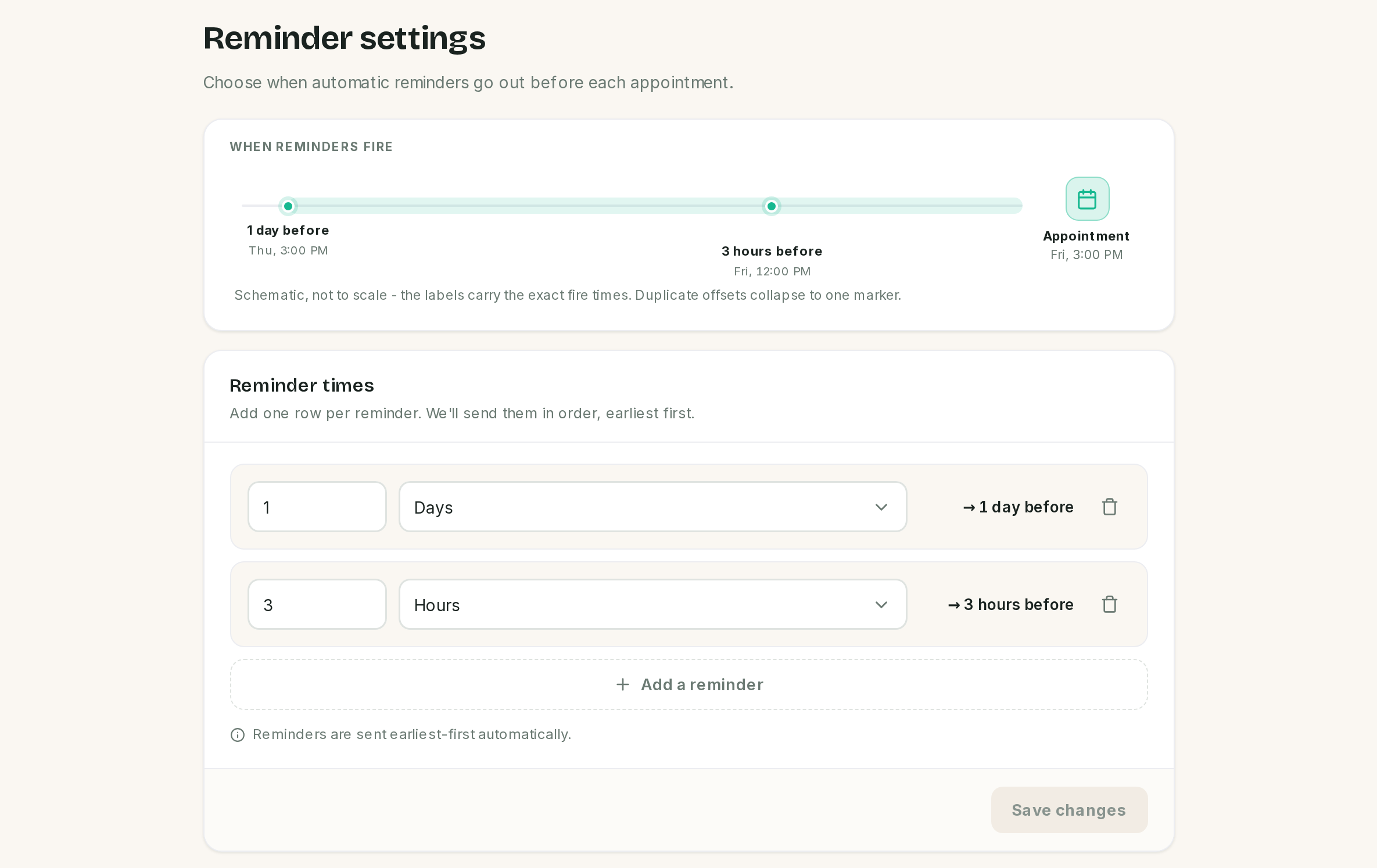 Reminder settings: a timeline preview above two reminder rows.