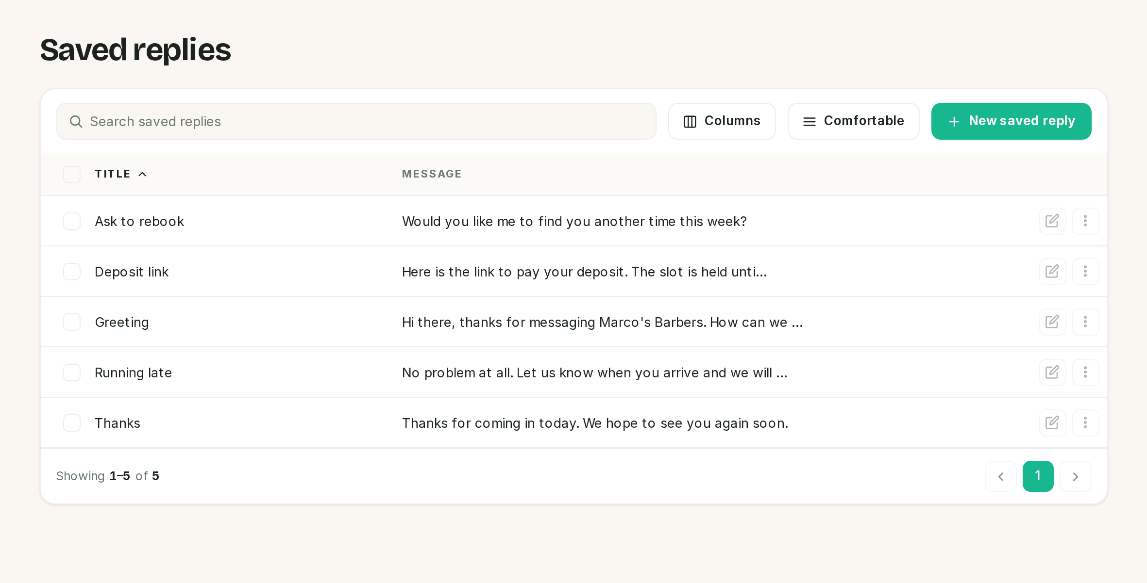 The saved replies list: the title is what you see in the composer, the message is what gets sent.