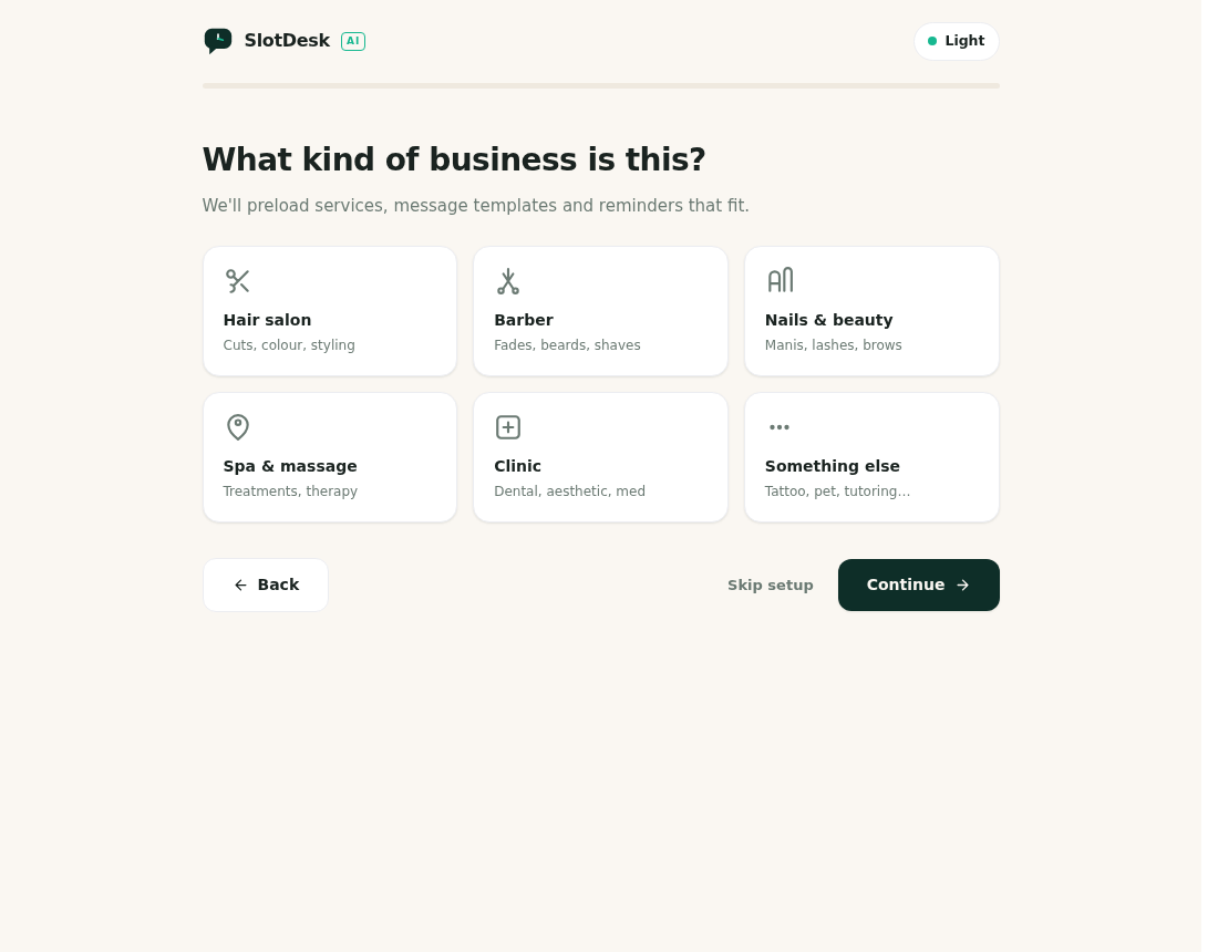 Choosing a business type.