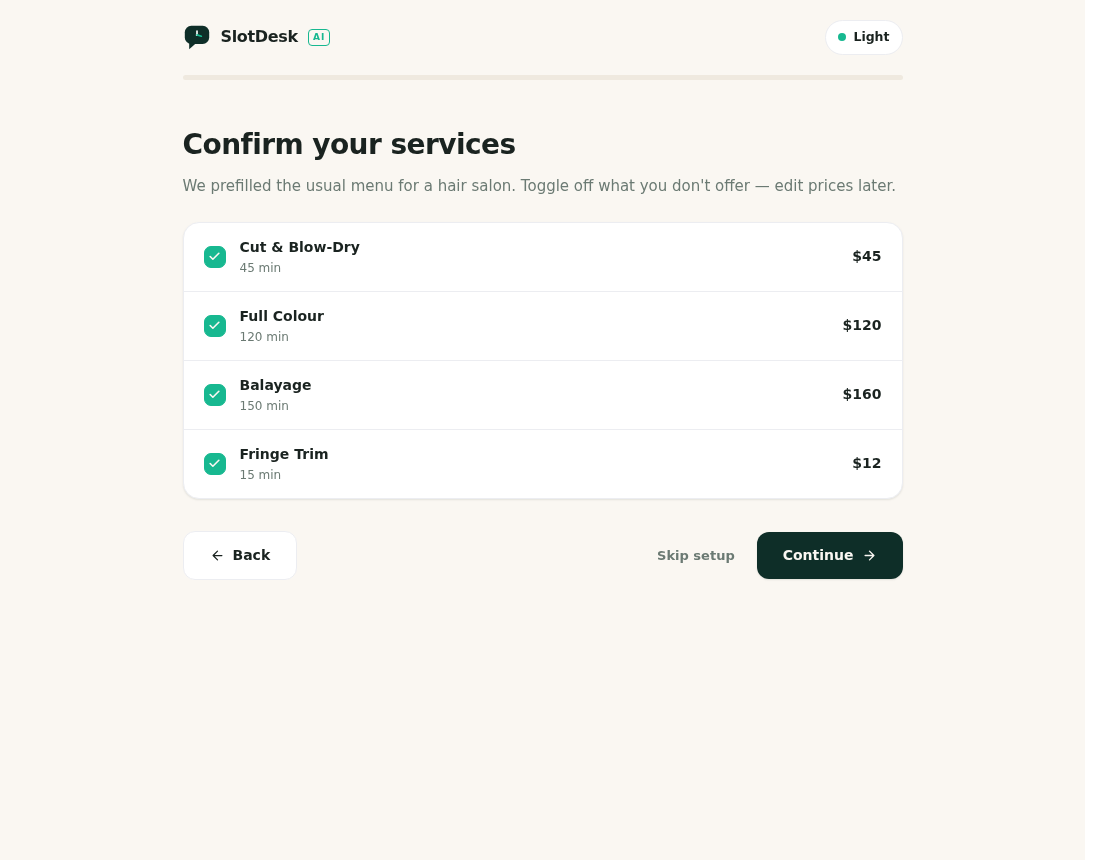 Prefilled services for a hair salon.