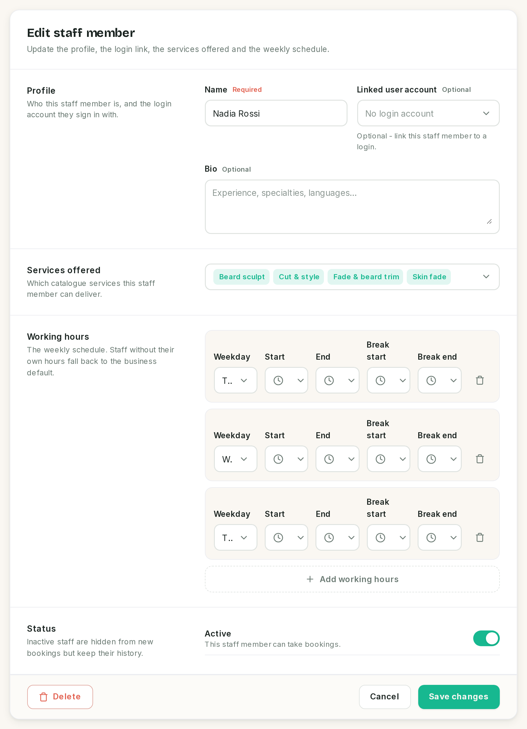 The staff form: Profile, Services offered, Working hours, Status.