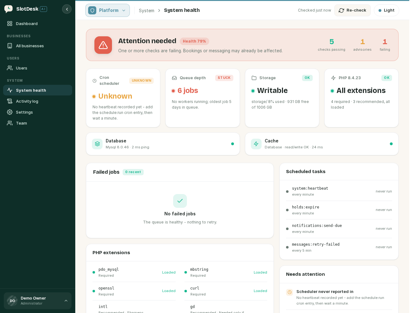 System health before cron has reported in: the scheduler is Unknown and every task reads "never run".