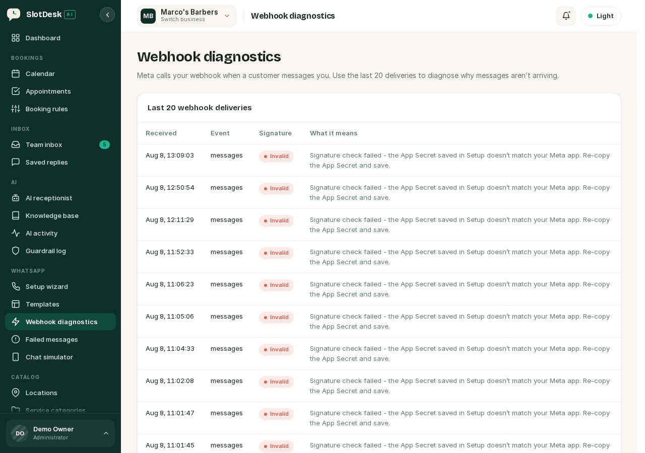 Webhook diagnostics, showing signature status and what each delivery means.