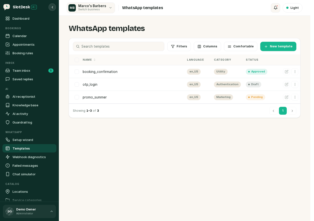The templates list, with a template in each of the three states.